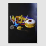SlipperyJoe Hanukkah symbolic still life holiday e Vellum Invitations<br><div class="desc">SlipperyJoe Hanukkah symbolic still life holiday essence vibrant meaningful objects colourful slender pile menorah candles artistic red blue yellow and white sufganiyah doughnut classic jelly-filled commemorate miracle of the oil dreidels metallic gold glossy blue Hebrew great miracle happened there metallic pewter star of David medallion light resilience community themes spiritual...</div>