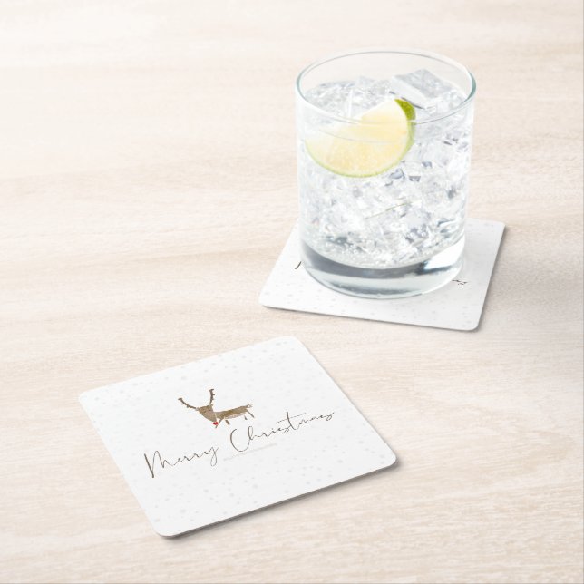 SlipperyJoe Merry Christmas reindeer red-nose antl Square Paper Coaster (Insitu)