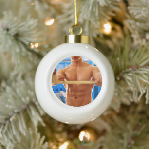 SlipperyJoe muscular man abs locker room tiled flo Ceramic Ball Christmas Ornament