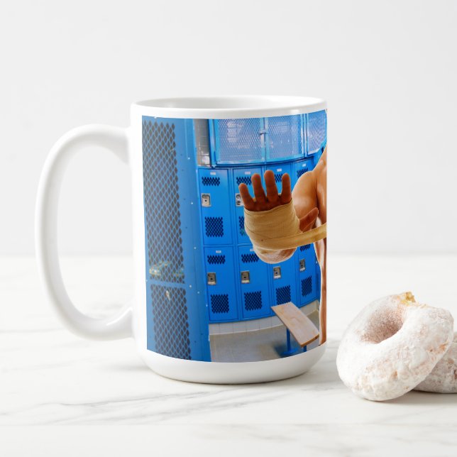 SlipperyJoe muscular man abs locker room tiled flo Coffee Mug (With Donut)