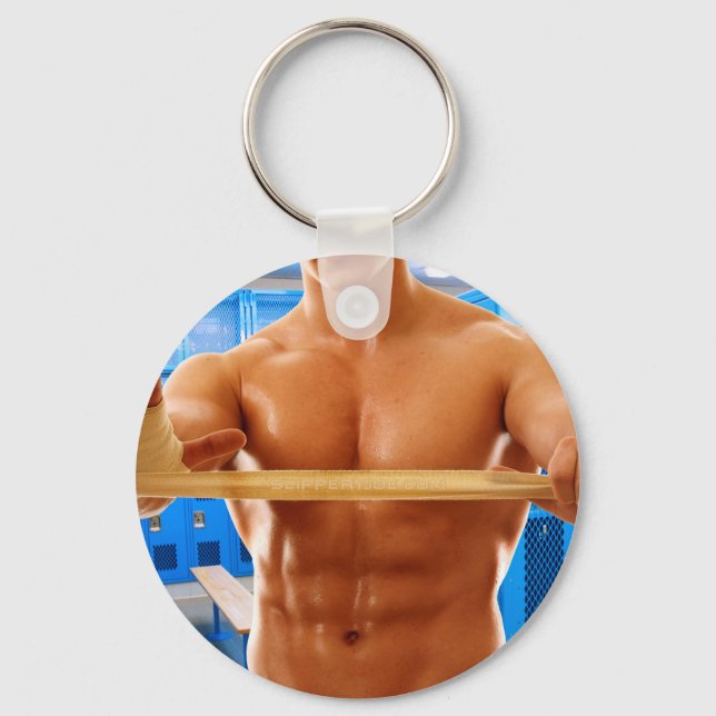 SlipperyJoe muscular man abs locker room tiled flo Key Ring (Front)