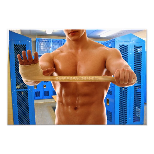 SlipperyJoe muscular man abs locker room tiled flo Photo Print (Front)