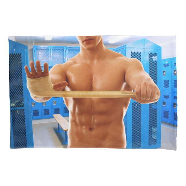 SlipperyJoe muscular man abs locker room tiled flo Pillowcase (Front)