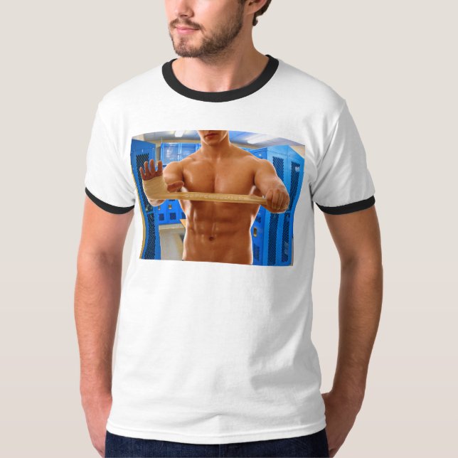 SlipperyJoe muscular man abs locker room tiled flo T-Shirt (Front)