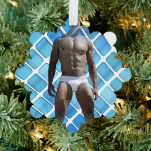 SlipperyJoe muscular man six-pack abs male white u Tree Decoration Card