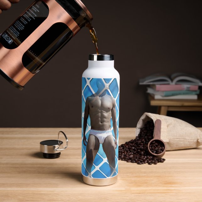 SlipperyJoe muscular man six-pack abs male white u Water Bottle (Coffee)