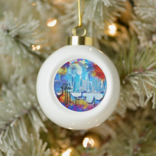 SlipperyJoe NYC graffiti moon surrounded swirling Ceramic Ball Christmas Ornament
