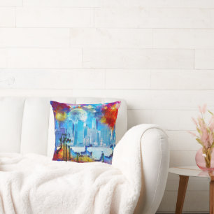 SlipperyJoe NYC graffiti moon surrounded swirling  Cushion