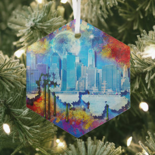 SlipperyJoe NYC graffiti moon surrounded swirling  Glass Tree Decoration