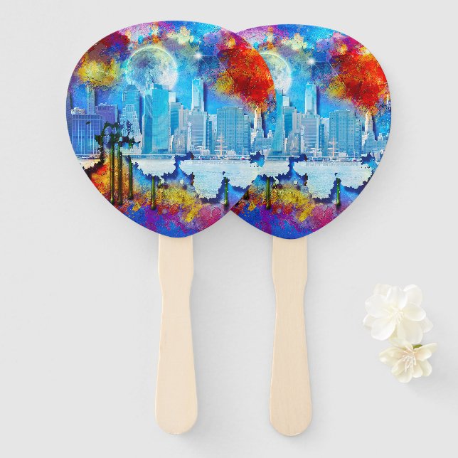 SlipperyJoe NYC graffiti moon surrounded swirling  Hand Fan (Front and Back)