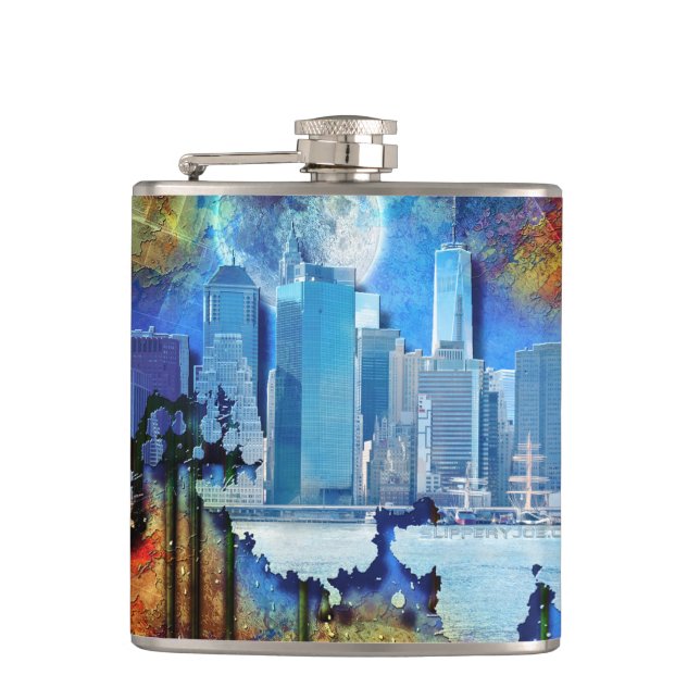 SlipperyJoe NYC graffiti moon surrounded swirling  Hip Flask (Front)