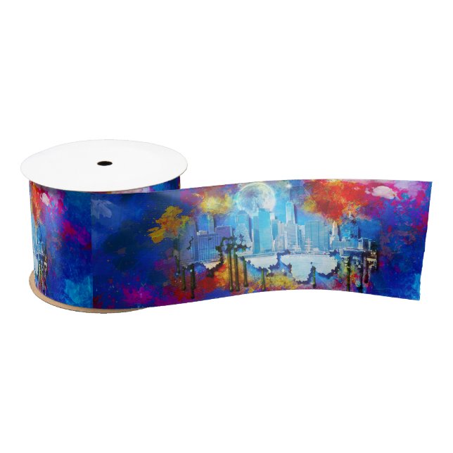 SlipperyJoe NYC graffiti moon surrounded swirling  Satin Ribbon (Spool)