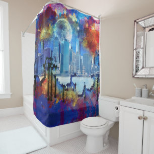 SlipperyJoe NYC graffiti moon surrounded swirling Shower Curtain