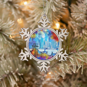SlipperyJoe NYC graffiti moon surrounded swirling  Snowflake Pewter Christmas Ornament
