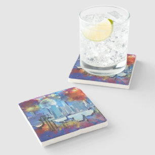 SlipperyJoe NYC graffiti moon surrounded swirling  Stone Coaster