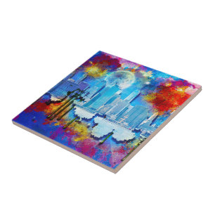 SlipperyJoe NYC graffiti moon surrounded swirling  Tile