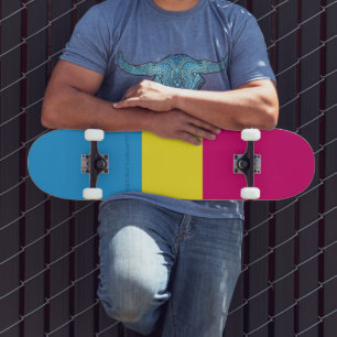 SlipperyJoe pansexual pride flag pink amber and cy Skateboard