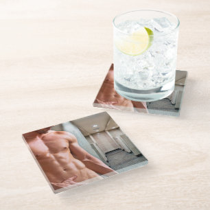 SlipperyJoe shirtless muscular man sixpack abs fit Glass Coaster