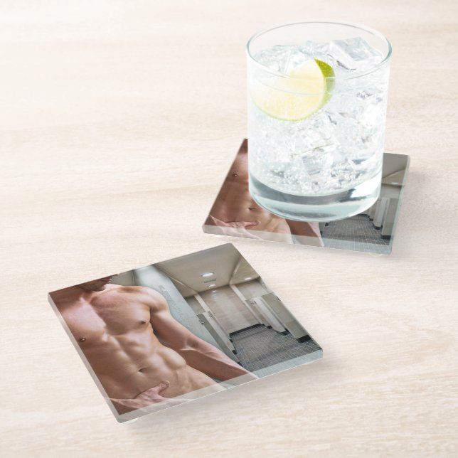 SlipperyJoe shirtless muscular man sixpack abs fit Glass Coaster (Angled)