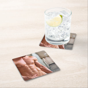 SlipperyJoe shirtless muscular man sixpack abs fit Square Paper Coaster