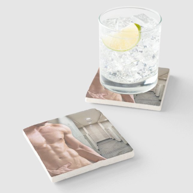 SlipperyJoe shirtless muscular man sixpack abs fit Stone Coaster (Side)
