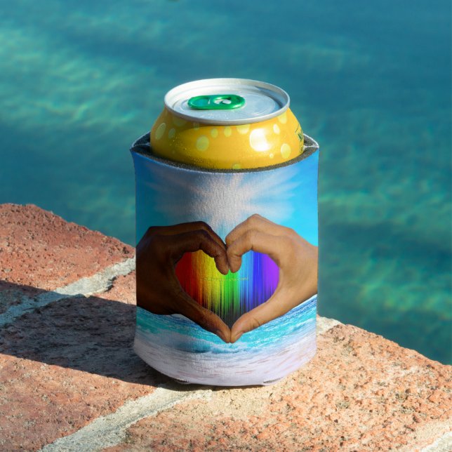 SlipperyJoe vivid rainbow gradient heart interraci Can Cooler (In Situ Pool)