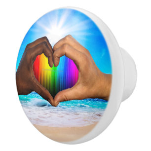 SlipperyJoe vivid rainbow gradient heart interraci Ceramic Knob