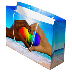 SlipperyJoe vivid rainbow gradient heart interraci Large Gift Bag