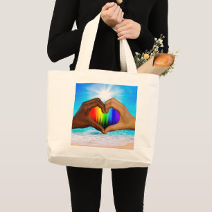 SlipperyJoe vivid rainbow gradient heart interraci Large Tote Bag
