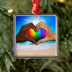 SlipperyJoe vivid rainbow gradient heart interraci Metal Tree Decoration