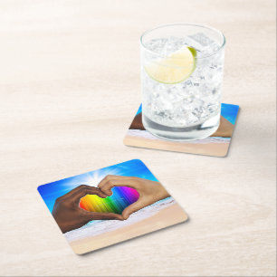 SlipperyJoe vivid rainbow gradient heart interraci Square Paper Coaster