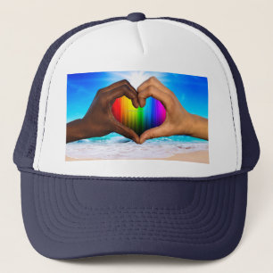 SlipperyJoe vivid rainbow gradient heart interraci Trucker Hat
