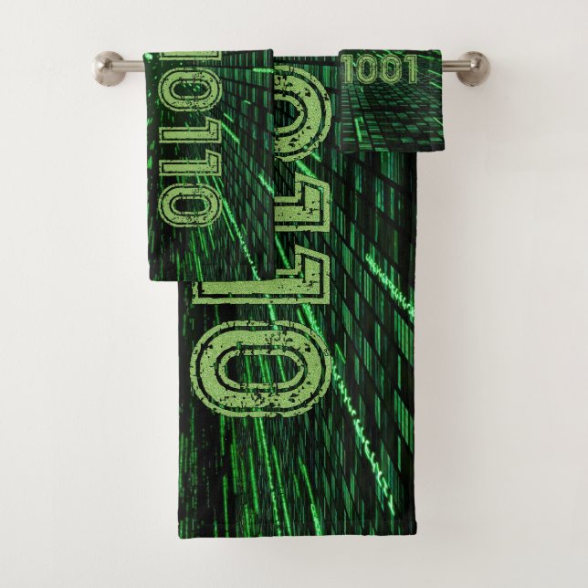 SlipperyJoe's 69 binary code vibrant green compute Bath Towel Set (Insitu)