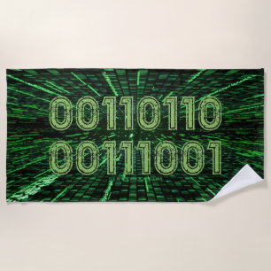 SlipperyJoe's 69 binary code vibrant green compute Beach Towel