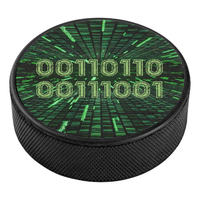 SlipperyJoe's 69 binary code vibrant green compute Hockey Puck (3/4)
