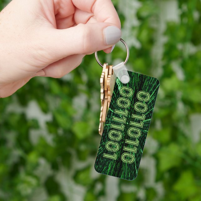 SlipperyJoe's 69 binary code vibrant green compute Key Ring (Hand)