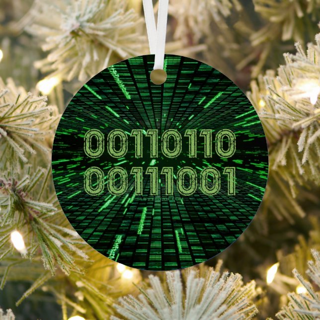 SlipperyJoe's 69 binary code vibrant green compute Metal Tree Decoration (Insitu)