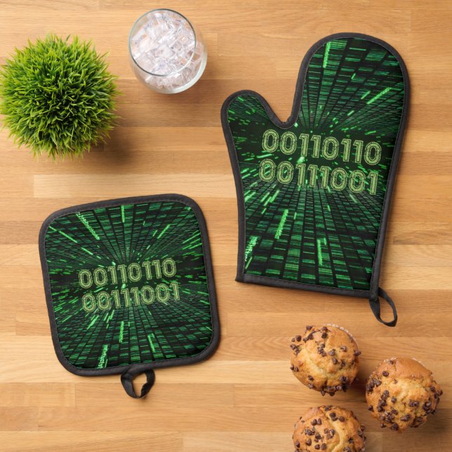 SlipperyJoe's 69 binary code vibrant green compute Oven Mitt & Pot Holder Set (Top Down)