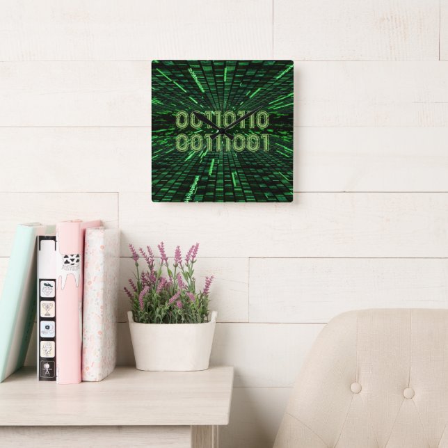 SlipperyJoe's 69 binary code vibrant green compute Square Wall Clock (Reading Room)