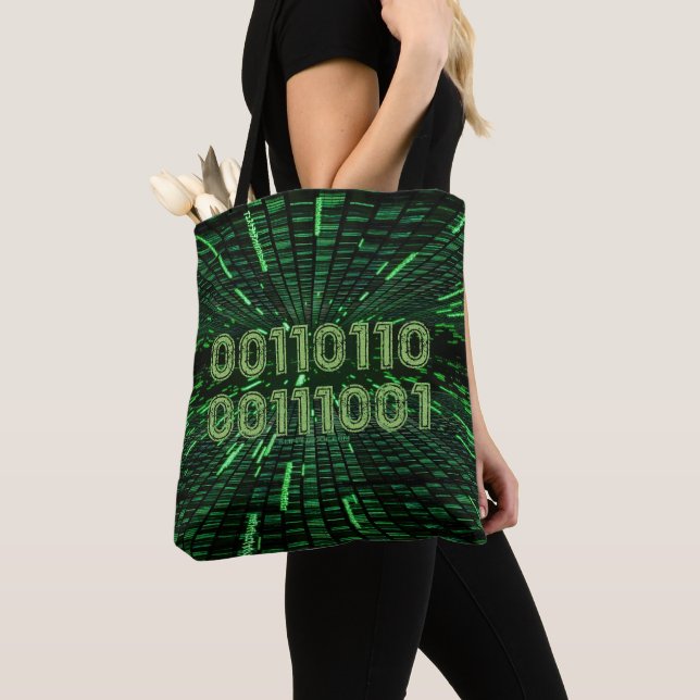 SlipperyJoe's 69 binary code vibrant green compute Tote Bag (Close Up)