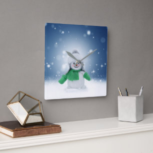 SlipperyJoe's adorable Christmas snowman character Square Wall Clock