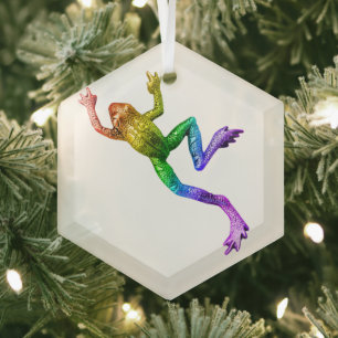 SlipperyJoe's artistic Pride Frog crawling gay gif Glass Tree Decoration