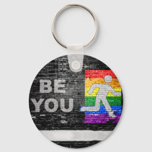 SlipperyJoe's Be You brick wall stick figure rainb Key Ring