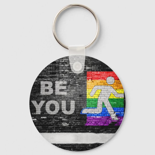 SlipperyJoe's Be You brick wall stick figure rainb Key Ring (Front)