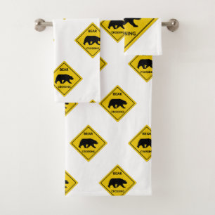 SlipperyJoe's bear crossing sign bear silhouette w Bath Towel Set