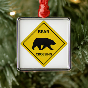 SlipperyJoe's bear crossing sign bear silhouette w Metal Tree Decoration