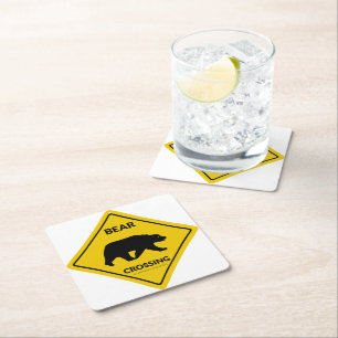 SlipperyJoe's bear crossing sign bear silhouette w Square Paper Coaster