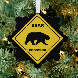 SlipperyJoe's bear crossing sign bear silhouette w Tree Decoration Card