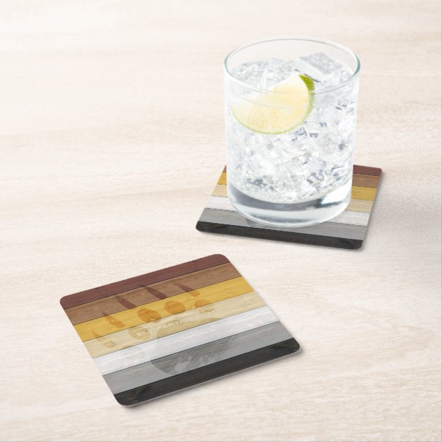 SlipperyJoe's Bear Pride flag wooden floor texture Square Paper Coaster (Insitu)