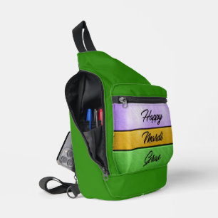 SlipperyJoe's bold Mardi Gras theme purple gold gr Sling Bag
